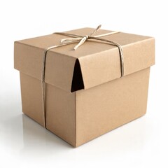 Brown Cardboard Gift Box Tied with String Isolated on White Background, Eco Friendly Packaging and Present Concept, Generative AI