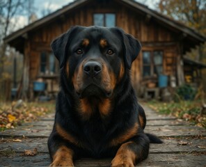 Obraz premium beautiful rottweiler lying on wooden planks with a rustic cabin in the blurred background during autumn.