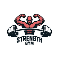 Strength Gym Fitness Logo with Muscular Bodybuilder and Barbell
