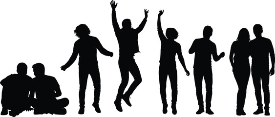 People silhouettes dancing and celebrating together, happy friends group lifestyle joy isolated on white background illustration social concept design