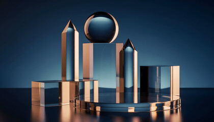 Abstract Geometric Composition of Translucent Crystal Prisms and a Reflective Sphere on a Dark Reflective Surface Against a Gradient Blue Background with Subtle Lighting