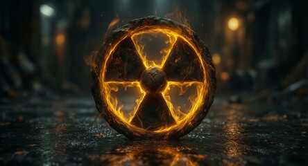 glowing radioactive hazard symbol on cracked stone with fiery effects and dark moody background.