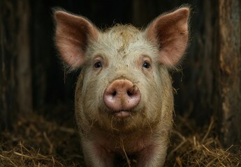cute pink piglet with a muddy snout looks directly at the camera in a hay-filled pen.