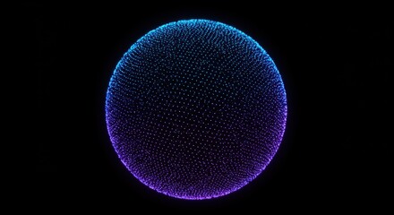 Digital sphere constructed from glowing particles illuminates a dark background with blue and purple tones