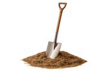 Shovel digging into pile of dirt, working in agriculture or construction, isolated on transparent background