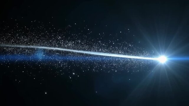 Bright Blue Light Streak with Sparkling Particles and Lens Flare on Black Background