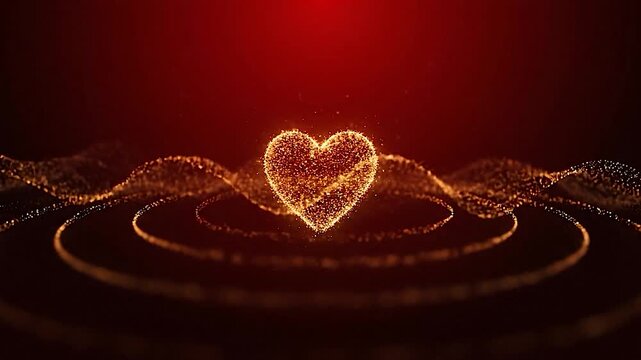 Glowing Golden Heart Particle Animation on Deep Red Background, Romantic Luxury Valentine Love Motion Background
