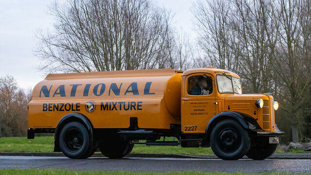 Milton Keynes,Bucks,UK - Jan 1st 2026:  1946 Austin K4 petrol tanker driving on a British road