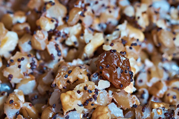 Close-up of raisins with poppy seeds in porridge. Selective focus