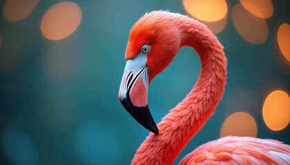 Close-up portrait of vibrant pink flamingo bird. Elegant creature with long curved neck and distinct beak. Soft, blurred background with warm bokeh lights.