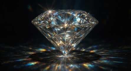 brilliant cut diamond with radiant light reflections on a dark textured surface.