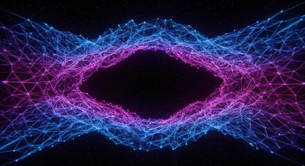 Glowing neon wireframe structure forms an abstract tunnel with central dark opening