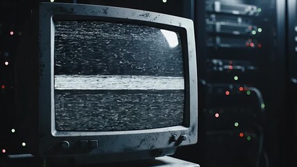 Vintage television set displaying static and interference in a dark server room evoking a sense of mystery technological glitch and retro digital decay - Powered by Adobe