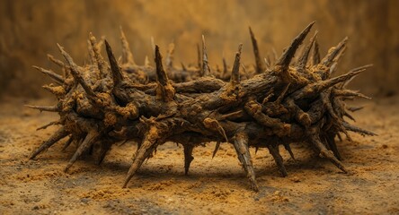 crown of thorns resting on sandy ground with dramatic lighting, representing religious symbolism and sacrifice.