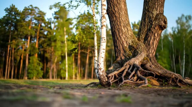 Old tree with exposed roots on the edge of a forest.