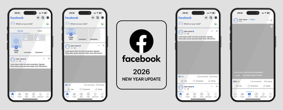 Facebook UI mockup 2026 update template with Home, Profile, Post, and Reels screens, transparent and green screen layouts, displayed on iPhone 17 Pro with logo.