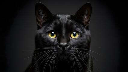 Close-up portrait of a black cat with striking green eyes on a dark background