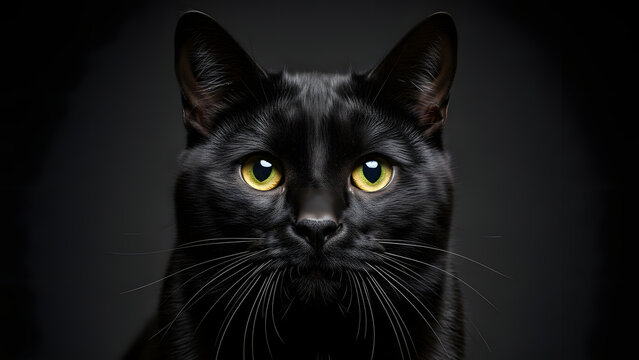 Close-up portrait of a black cat with striking green eyes on a dark background - Powered by Adobe