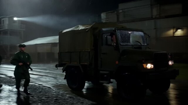 Military base at night searchlights scanning trucks moving guards patrolling rain falling moody atmosphere