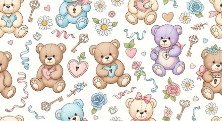 Cute Teddy Bear Pattern with Hearts and Keys.