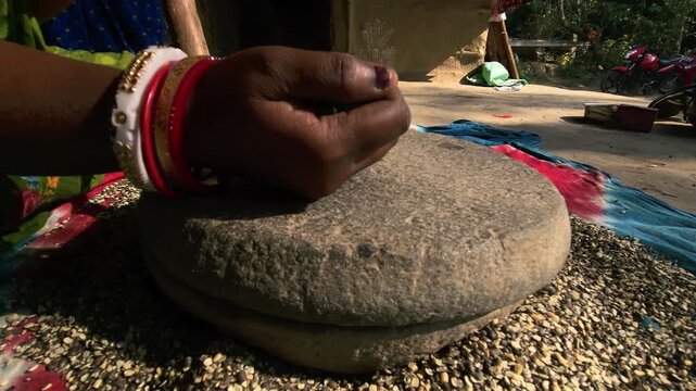 Indian woman in a rural setting using a traditional hand-operated millstone, also known as a quern, to grind Black gram lentils.