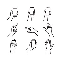 Various hand gestures and smartphone illustrations in a simple black and white design