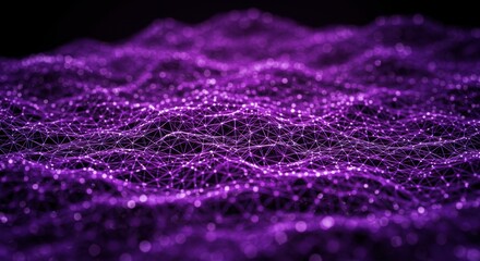 Glowing purple digital mesh surface undulates across a dark background with shallow depth of field