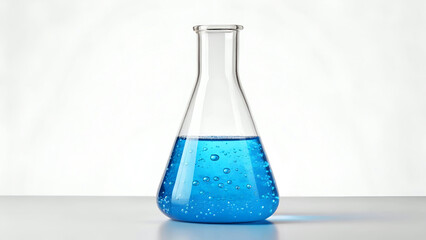 Laboratory glassware with blue liquid on blue background