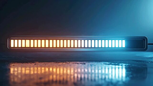 Horizontal bar with illuminated blocks, transitioning from orange to blue, reflected on a surface.