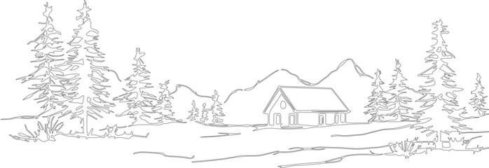 Fototapeta premium house in the forest silhouette or sketch art hand drawn vector design made by geometric lines.