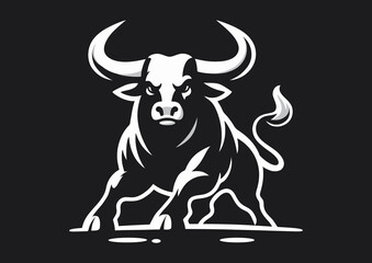 Angry and furious bull in fighting stance, black and white vector silhouette