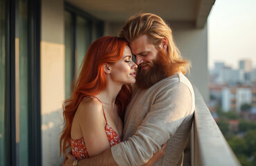 Couple embraces tenderly on apartment balcony at golden hour. Redhead woman and bearded man share intimate moment overlooking city skyline. Love and romance.