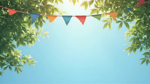 colorful pennant string decoration in green tree foliage on blue sky, summer party background template banner with copy space  

