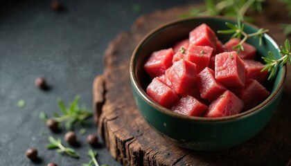 Fresh raw meat cubes in bowl for canine nutrition. Natural healthy pet food preparation. High quality protein meal for domestic animal companion. Wholesome diet for happy dog.