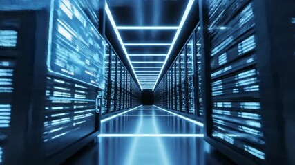Illuminated futuristic data center hallway with glowing blue server racks and digital interface projections - Powered by Adobe