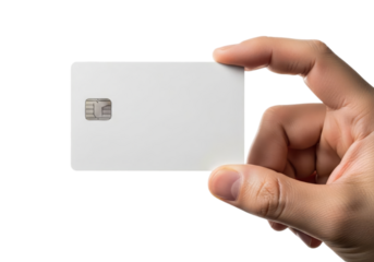Hand holding a blank white credit card with EMV chip for secure payment processing isolated on transparent cutout background, cut out, png