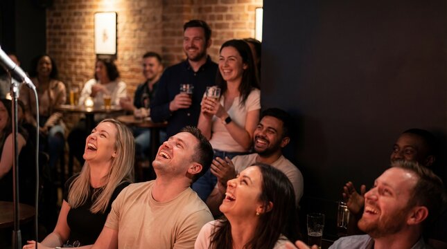 Diverse audience laughing heartily at a comedy show in a dimly lit club