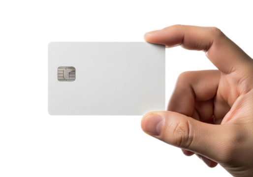 Hand holding a blank white credit card with EMV chip for secure payment processing isolated on transparent cutout background, cut out, png - Powered by Adobe