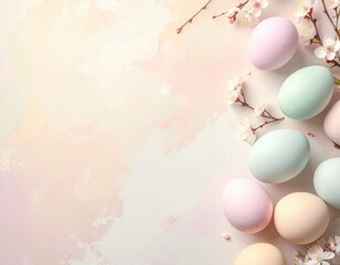Beautiful pastel colored Easter eggs are scattered among delicate spring cherry blossoms on a light artistic background creating a peaceful festive scene
