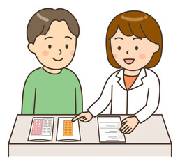 薬の説明をする女性薬剤師と若い男性患者