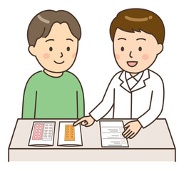 薬の説明をする男性薬剤師と若い男性患者