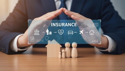 Insurance and comprehensive protection concept for family, property, health, and travel with caring hands over a digital interface