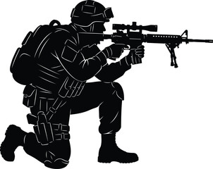 Fototapeta premium Armed soldier silhouette kneeling with rifle representing military combat security tactical operation defense force vector illustration isolated black design