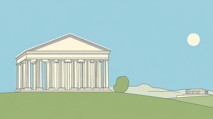 Ancient temple illustration, Greek architecture, sunny day, landscape background, historical site illustration, educational material, possible stock photo for history or art books,