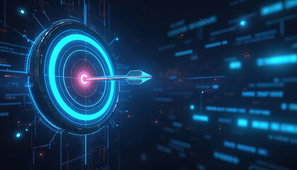 Plakat Futuristic dart hits bullseye on digital target. Neon blue concentric circles glow, abstract tech background with glowing data streams. Success, accuracy, and precision in virtual space.