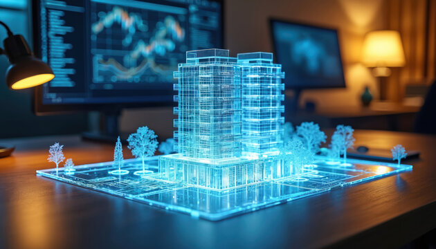 Digital 3D model of office buildings on architect desk. Holographic wireframe construction plan on table. Computer displays data and charts. - Powered by Adobe