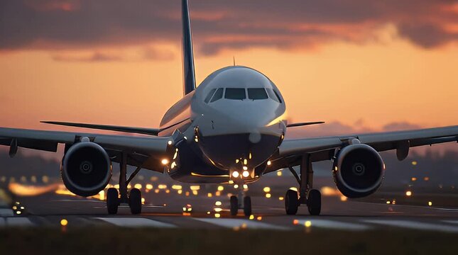 Passenger airplane taxiing on illuminated runway against a vibrant sunset sky preparing for takeoff