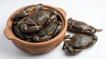 Fresh Raw Mud Crabs in Traditional Indian Clay Pot - Live Seafood Isolated on White Background for Cooking, Restaurant, and Culinary Concepts, Kerala Style Seafood.
