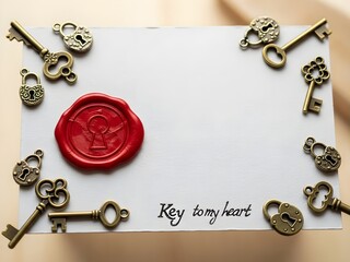 Fototapeta premium White Envelope with Red Wax Seal and Antique Keys for Romantic Letter Concept