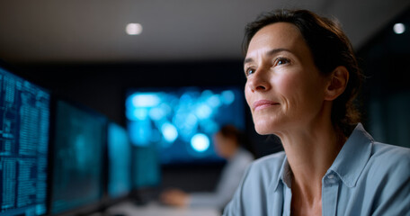Focused woman working in a dark room with multiple computer screens displaying data and digital information
